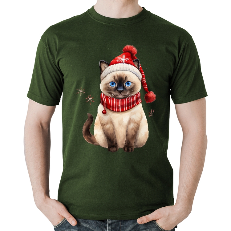 Camiseta Algodão Gato Natalino Gorro e Cachecol - Musgo