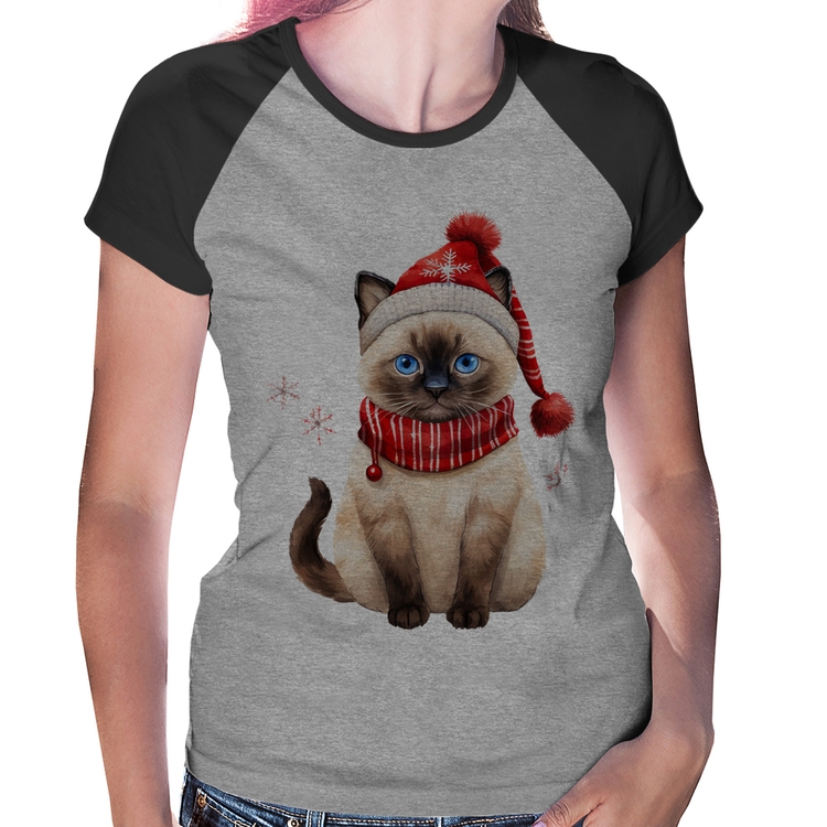 Baby Look Raglan Gato Natalino Gorro e Cachecol - Cinza/Preto