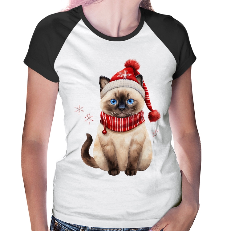 Baby Look Raglan Gato Natalino Gorro e Cachecol