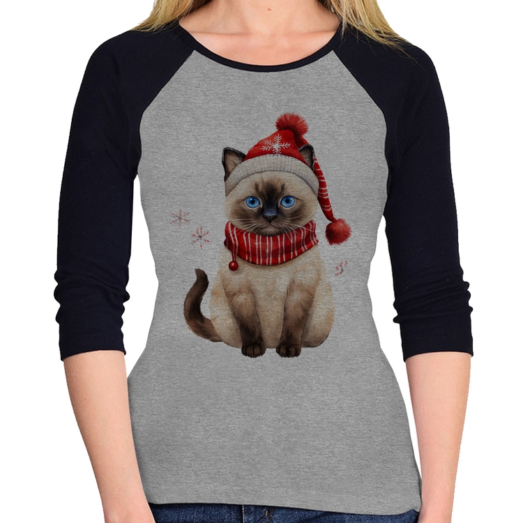 Baby Look Raglan Gato Natalino Gorro e Cachecol Manga 3/4 - Cinza/Preto