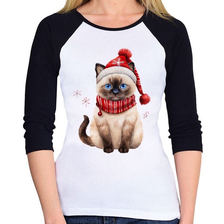 Baby Look Raglan Gato Natalino Gorro e Cachecol Manga 3/4