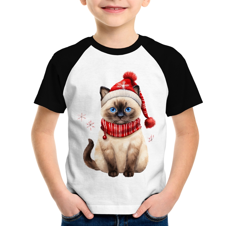 Camiseta Raglan Infantil Gato Natalino Gorro e Cachecol