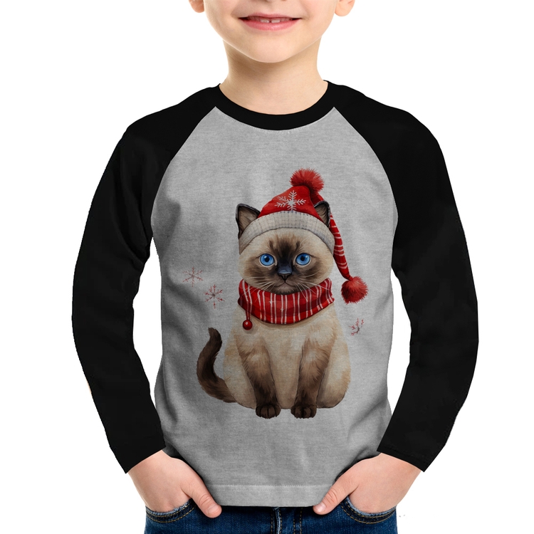 Camiseta Raglan Infantil Gato Natalino Gorro e Cachecol Manga Longa - Cinza/Preto