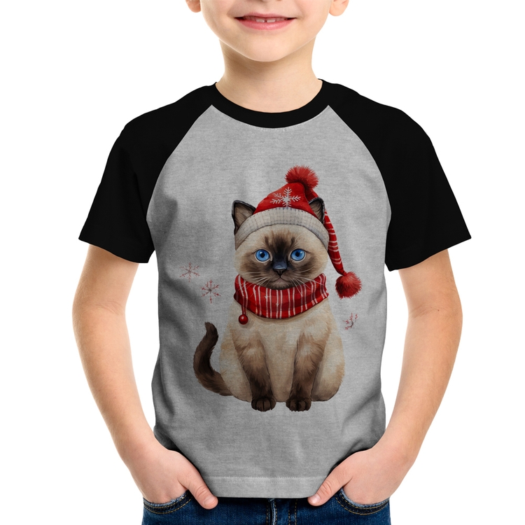 Camiseta Raglan Infantil Gato Natalino Gorro e Cachecol - Cinza/Preto