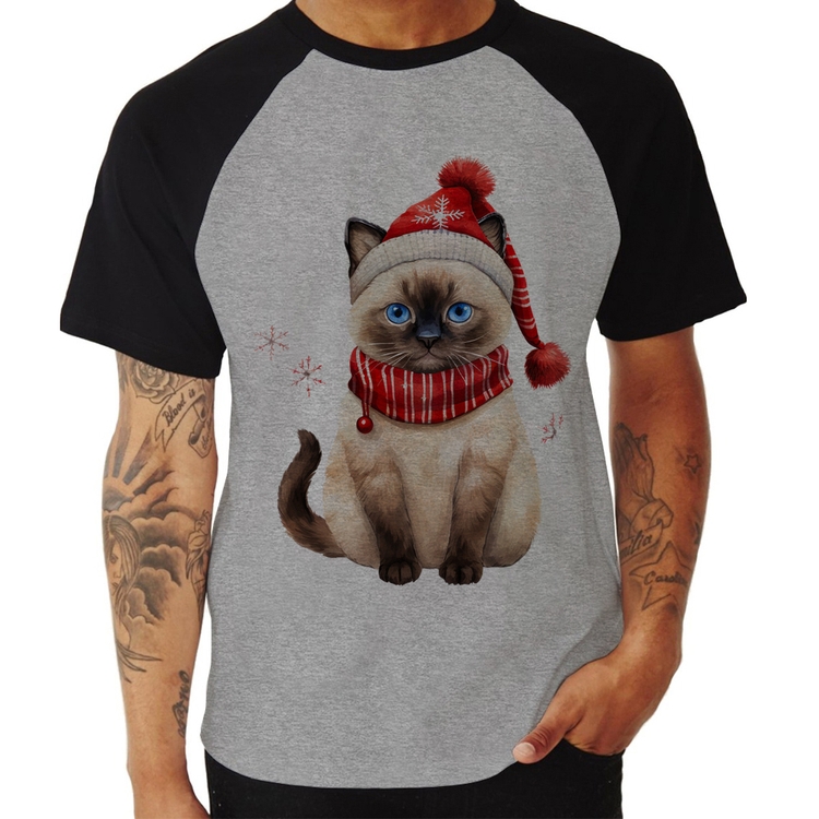 Camiseta Raglan Gato Natalino Gorro e Cachecol - Cinza/Preto