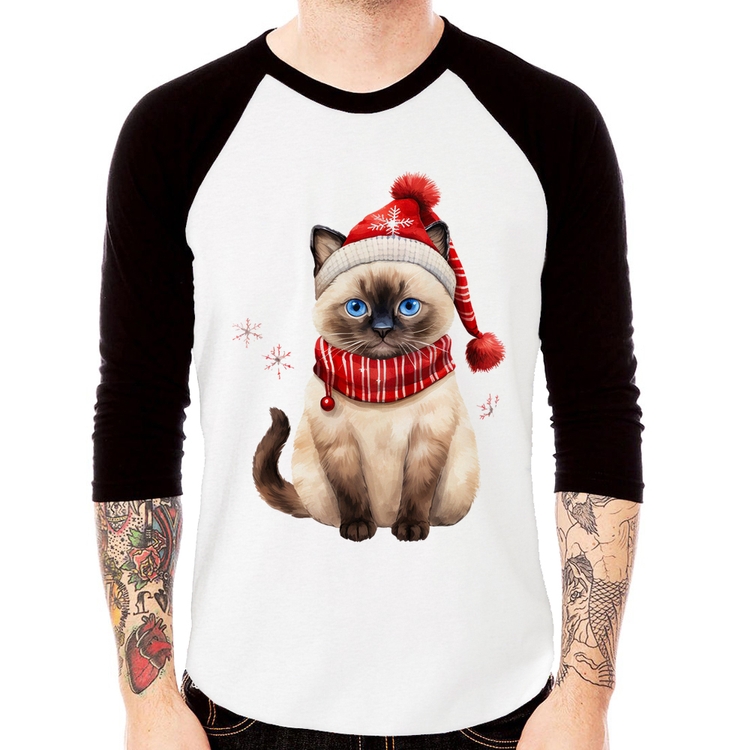 Camiseta Raglan Gato Natalino Gorro e Cachecol Manga 3/4