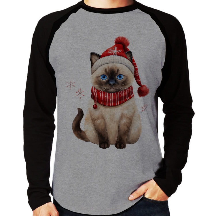 Camiseta Raglan Gato Natalino Gorro e Cachecol Manga Longa - Cinza/Preto