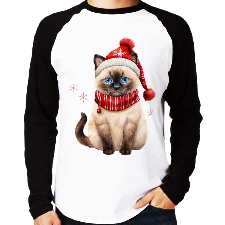 Camiseta Raglan Gato Natalino Gorro e Cachecol Manga Longa