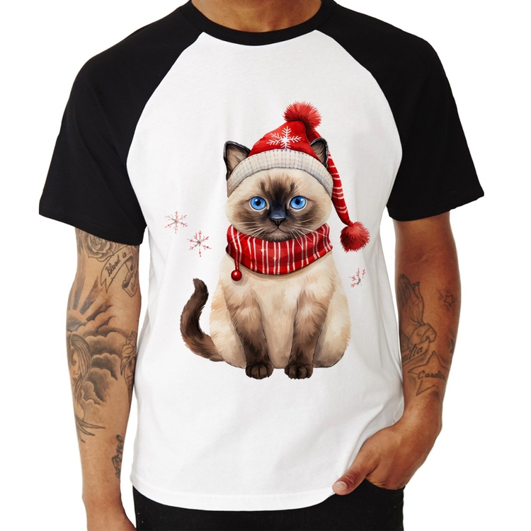 Camiseta Raglan Gato Natalino Gorro e Cachecol