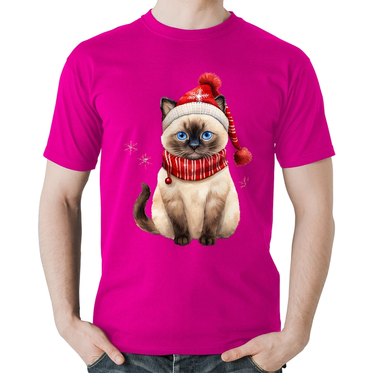 Camiseta Algodão Gato Natalino Gorro e Cachecol - Rosa