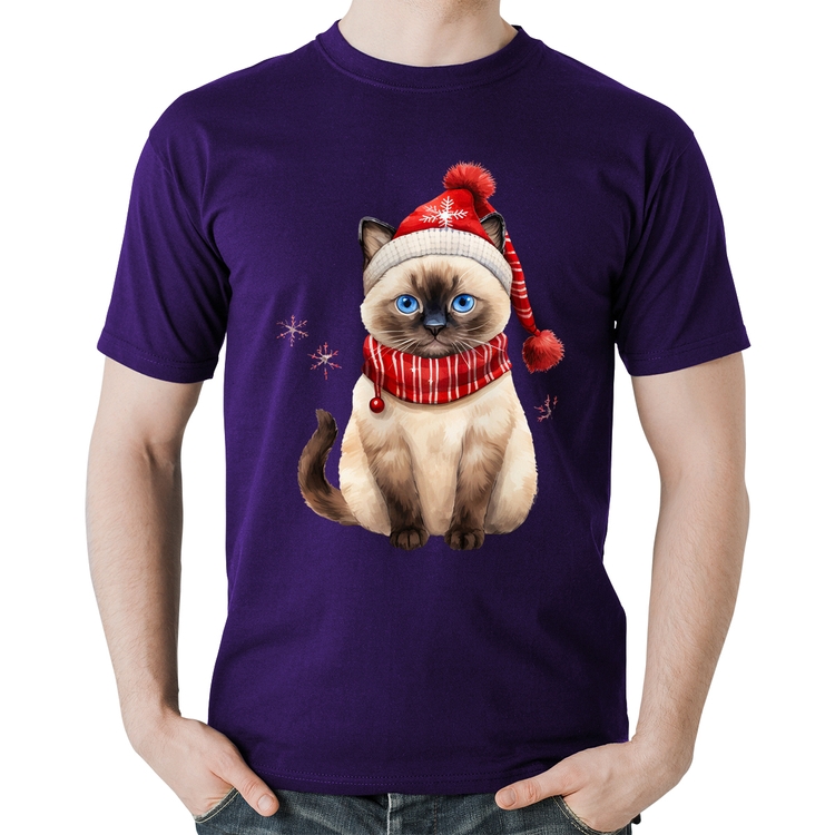 Camiseta Algodão Gato Natalino Gorro e Cachecol - Roxa