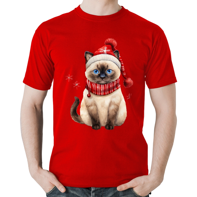 Camiseta Algodão Gato Natalino Gorro e Cachecol - Vermelha
