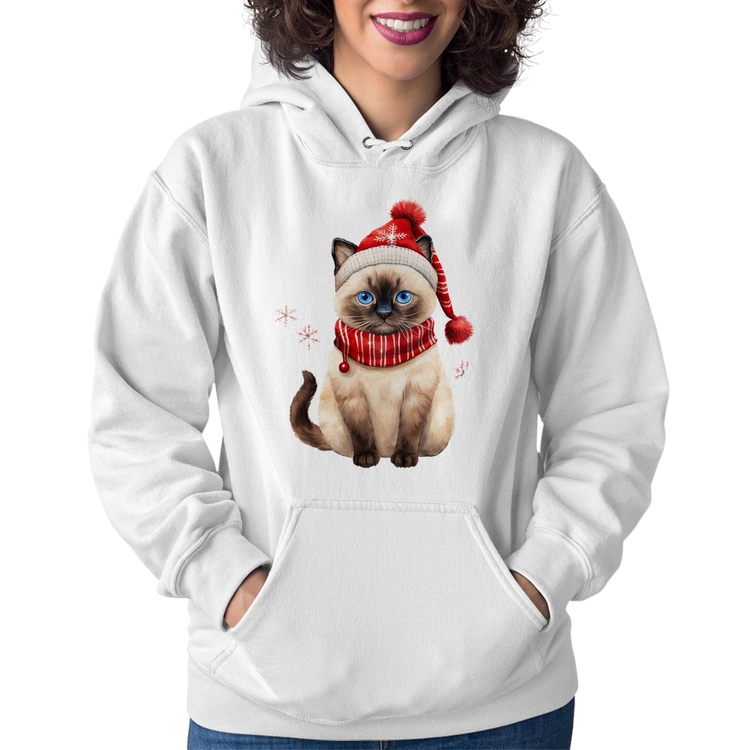 Moletom Feminino Gato Natalino Gorro e Cachecol - Branco