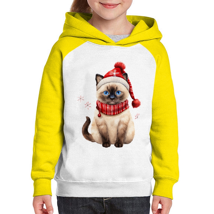 Moletom Infantil Gato Natalino Gorro e Cachecol - Branco/Amarelo