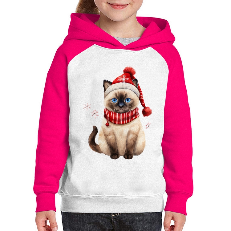 Moletom Infantil Gato Natalino Gorro e Cachecol - Branco/Rosa