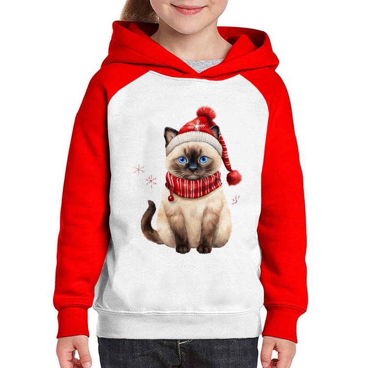 Moletom Infantil Gato Natalino Gorro e Cachecol - Branco/Vermelho