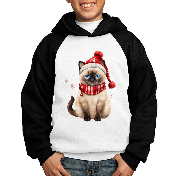 Moletom Infantil Gato Natalino Gorro e Cachecol - Branco/Preto