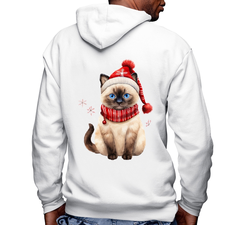 Blusa Moletom Gato Natalino Gorro e Cachecol Masculina com Capuz e Zíper - Branca