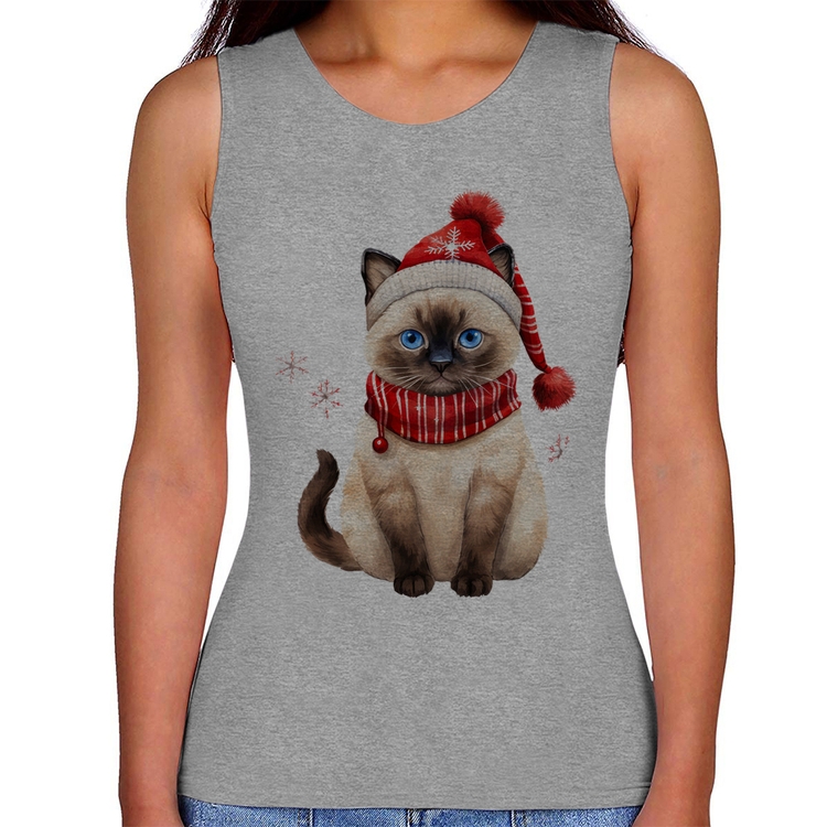 Regata Feminina Gato Natalino Gorro e Cachecol - Cinza