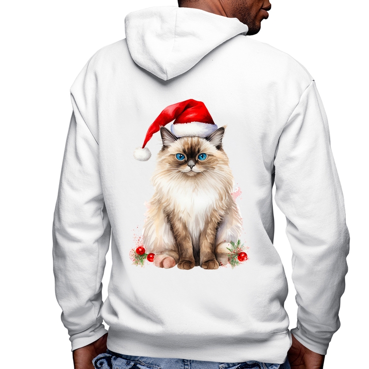 Blusa Moletom Gato Natalino Masculina com Capuz e Zíper - Branca