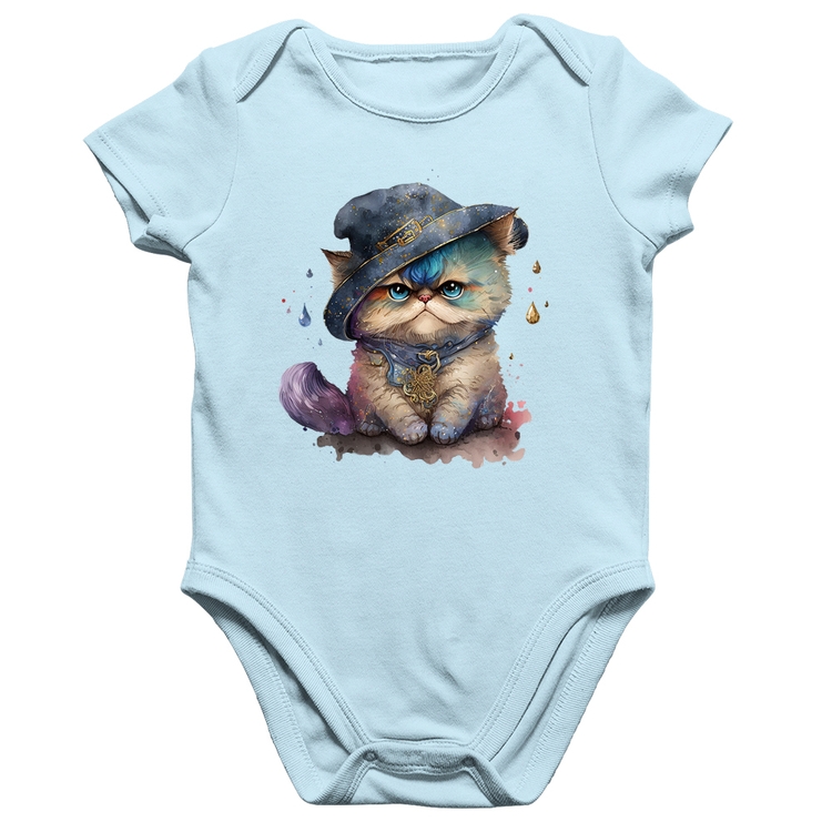 Body Bebê Algodão Gato Persa Watercolor  - Azul Bebê