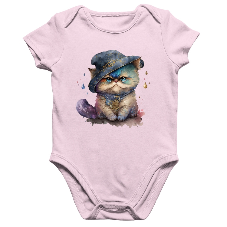 Body Bebê Algodão Gato Persa Watercolor  - Rosa Bebê