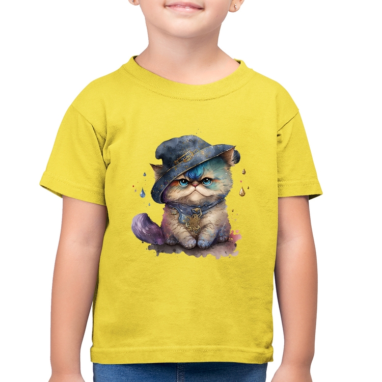 Camiseta Algodão Infantil Gato Persa Watercolor  - Amarelo Canário