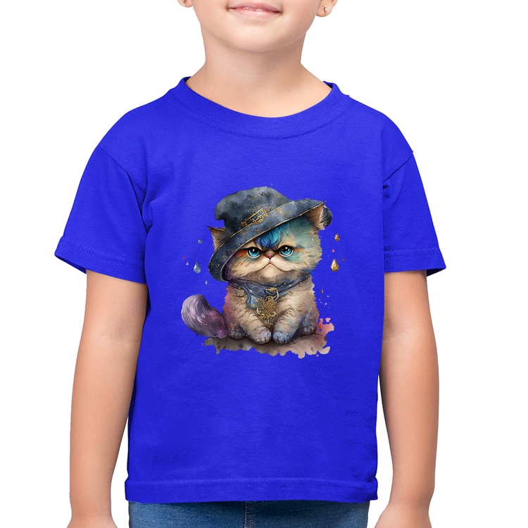 Camiseta Algodão Infantil Gato Persa Watercolor  - Azul Royal