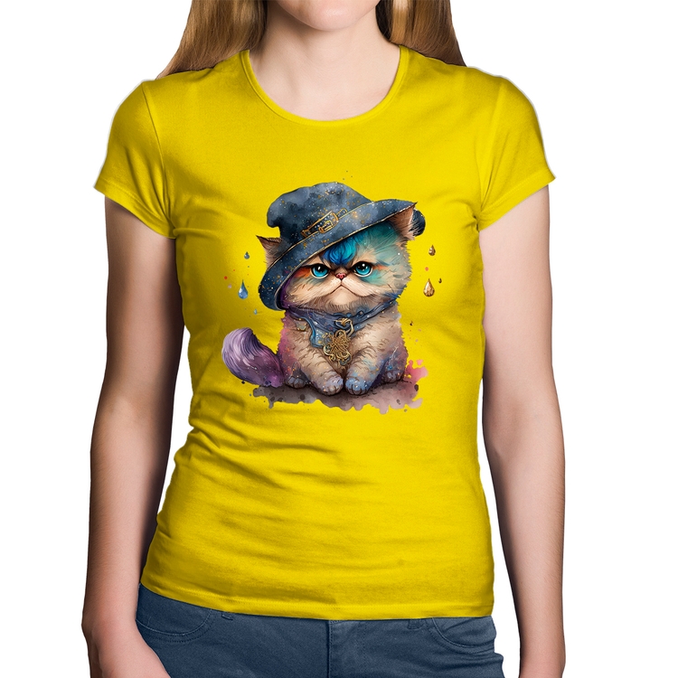 Baby Look Algodão Gato Persa Watercolor  - Amarela