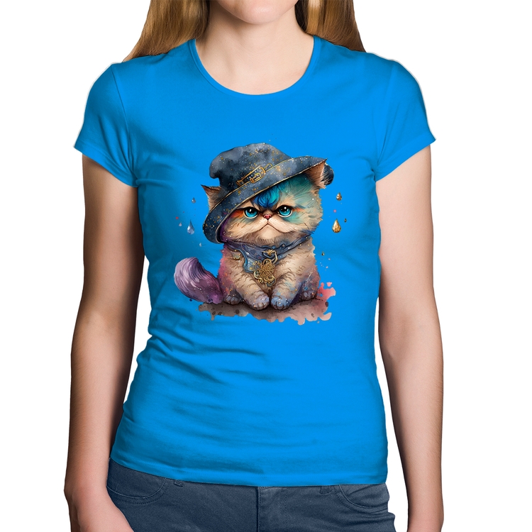 Baby Look Algodão Gato Persa Watercolor  - Azul