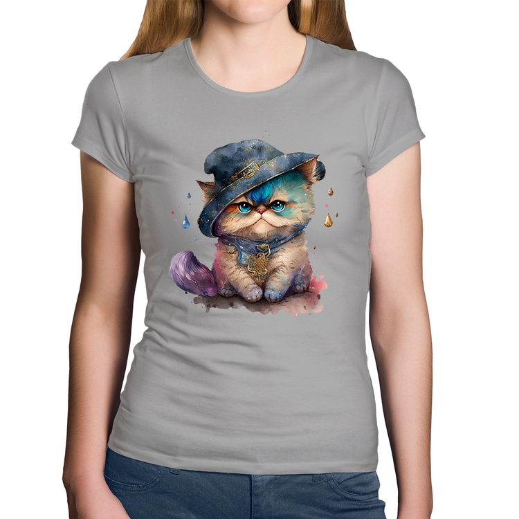 Baby Look Algodão Gato Persa Watercolor  - Cinza