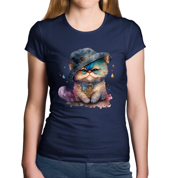 Baby Look Algodão Gato Persa Watercolor  - Marinho