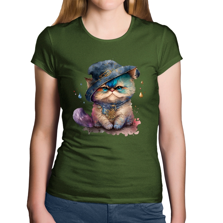 Baby Look Algodão Gato Persa Watercolor  - Musgo