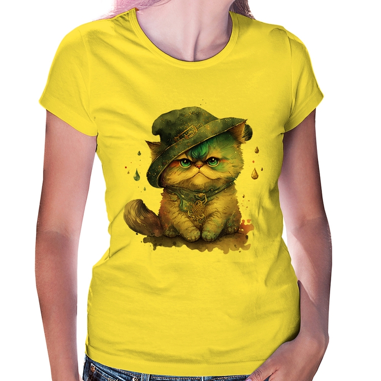 Baby Look Gato Persa Watercolor  - Amarela