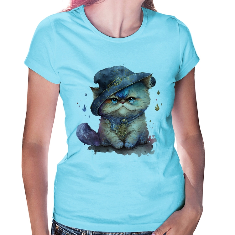 Baby Look Gato Persa Watercolor  - Azul Bebê