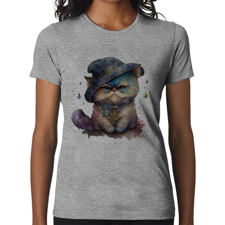 Baby Look Gato Persa Watercolor  - Cinza