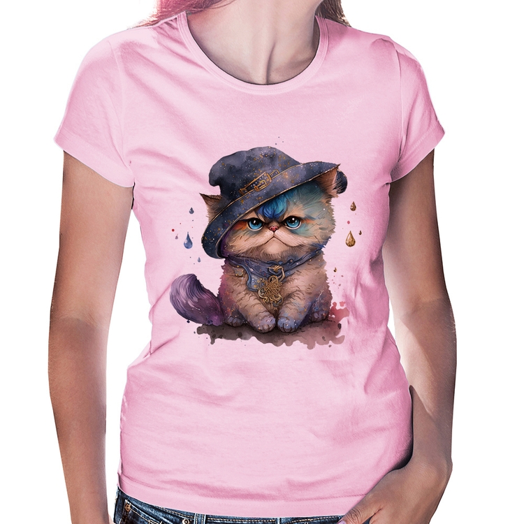 Baby Look Gato Persa Watercolor  - Rosa Bebê