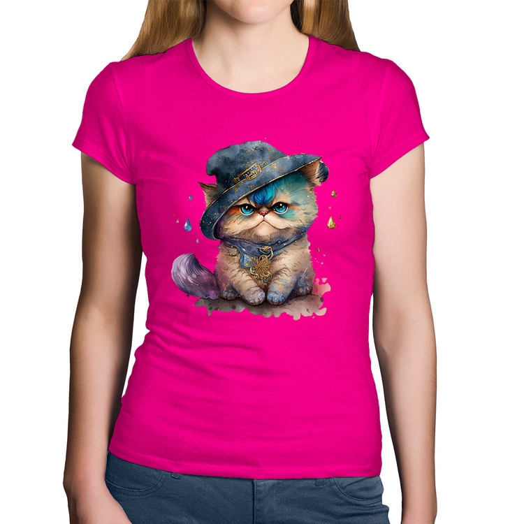 Baby Look Algodão Gato Persa Watercolor  - Rosa