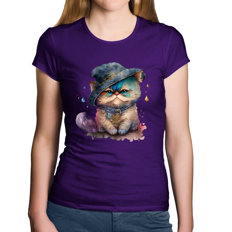 Baby Look Algodão Gato Persa Watercolor  - Roxa