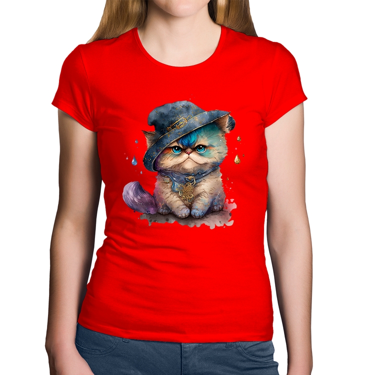 Baby Look Algodão Gato Persa Watercolor  - Vermelha