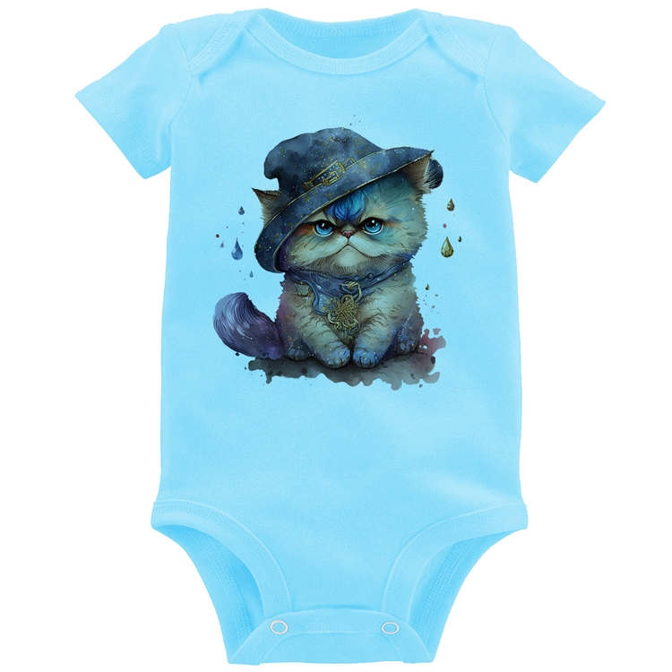 Body Bebê Gato Persa Watercolor  - Azul Bebê