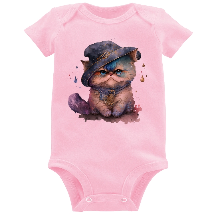 Body Bebê Gato Persa Watercolor  - Rosa Bebê
