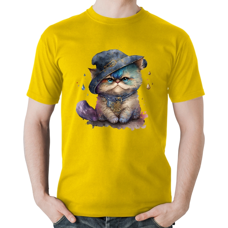 Camiseta Algodão Gato Persa Watercolor  - Amarela