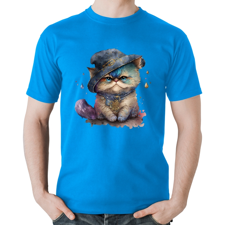 Camiseta Algodão Gato Persa Watercolor  - Azul