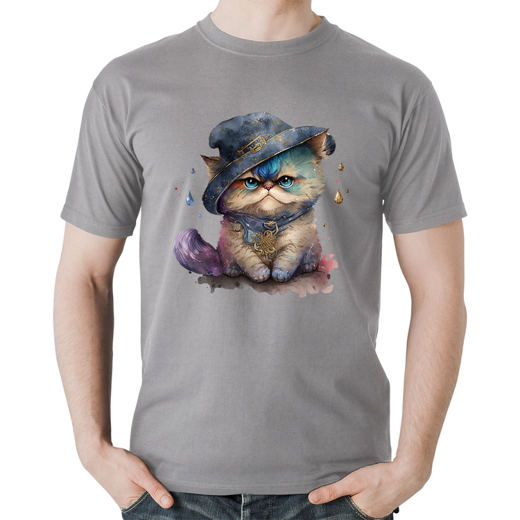 Camiseta Algodão Gato Persa Watercolor  - Cinza