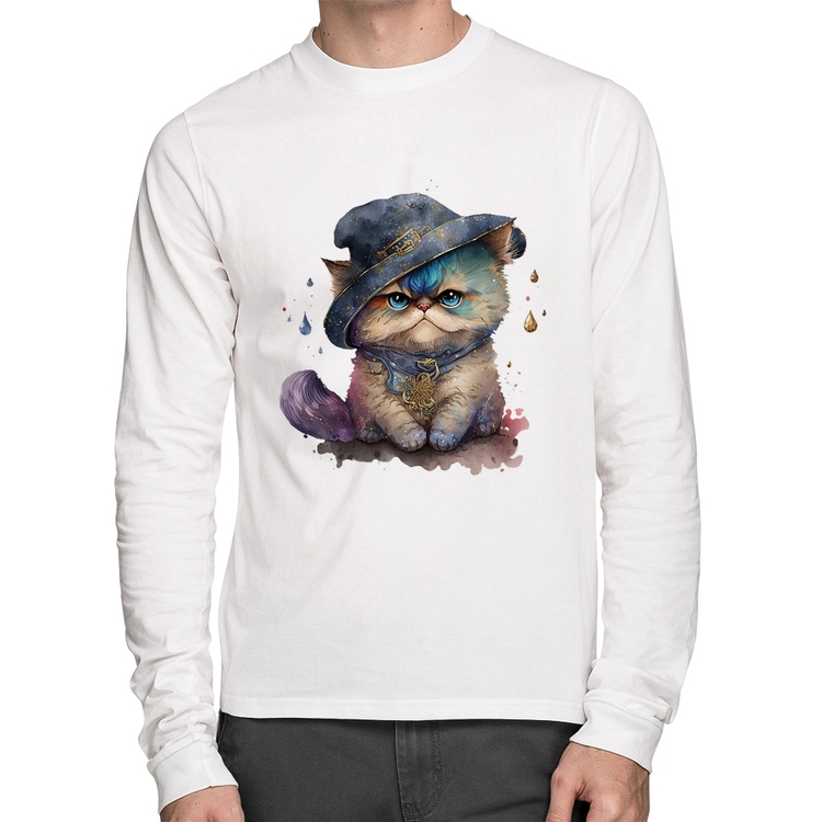 Camiseta Algodão Gato Persa Watercolor  Manga Longa - Branca