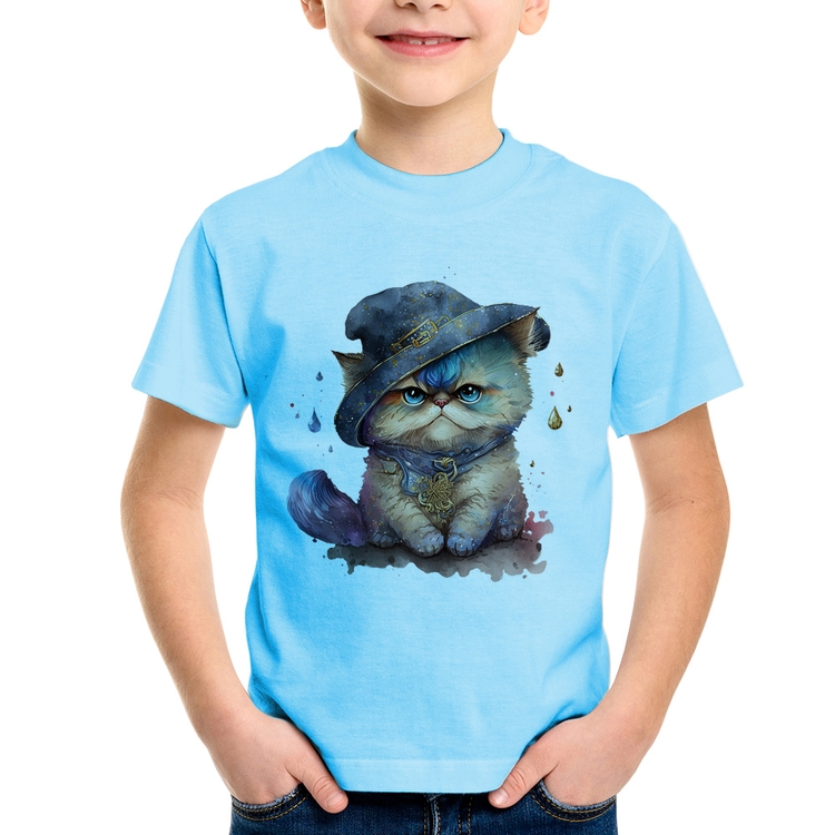 Camiseta Infantil Gato Persa Watercolor  - Azul Bebê