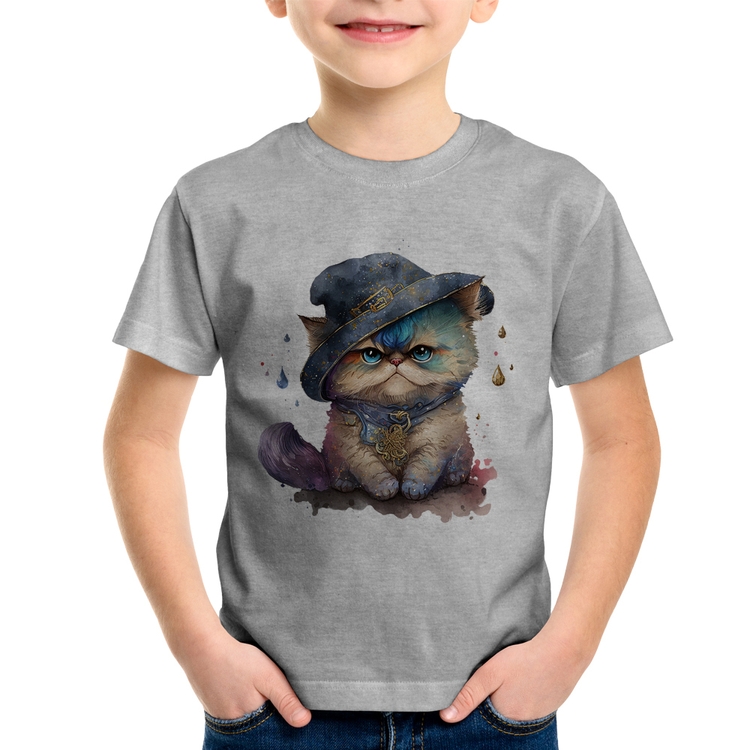 Camiseta Infantil Gato Persa Watercolor  - Cinza
