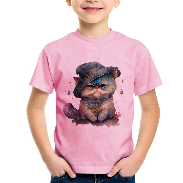 Camiseta Infantil Gato Persa Watercolor  - Rosa Bebê