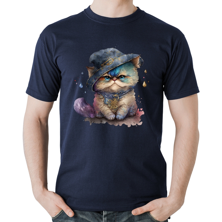 Camiseta Algodão Gato Persa Watercolor  - Marinho